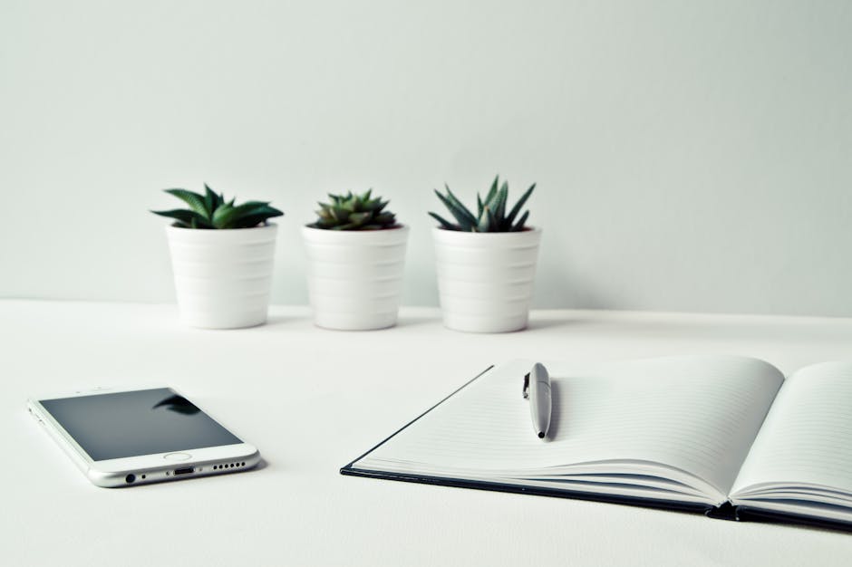 A neatly organized desk with a notebook, pen, and phone displaying a calendar app in warm afternoon light