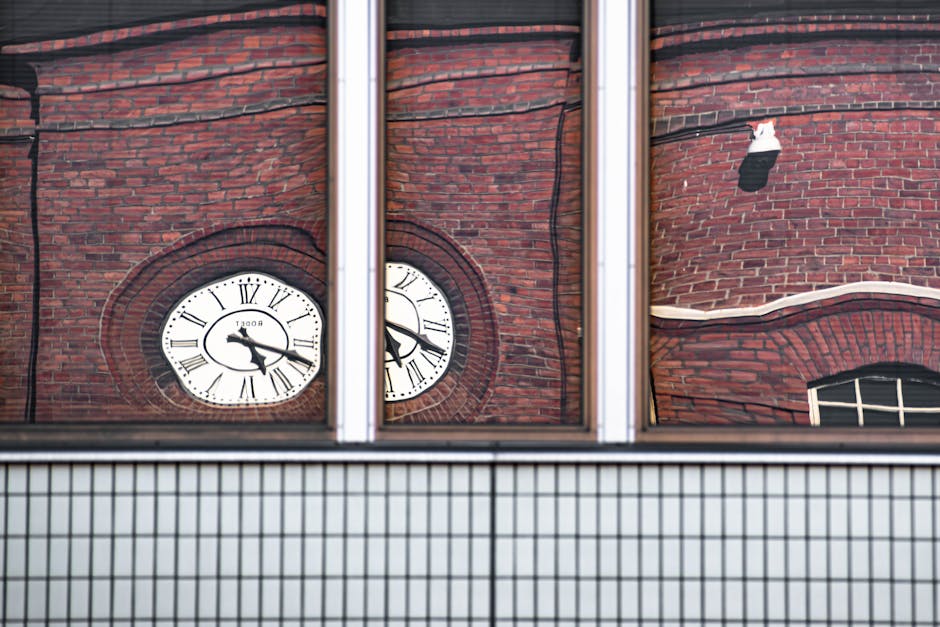 A split-screen image: one side shows a real clock, the other shows a blurry distorted clock — perception vs reality