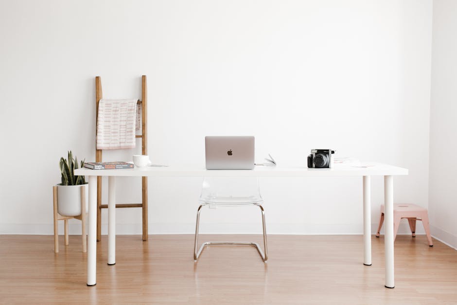A warm, minimal workspace with a plant and soft natural light