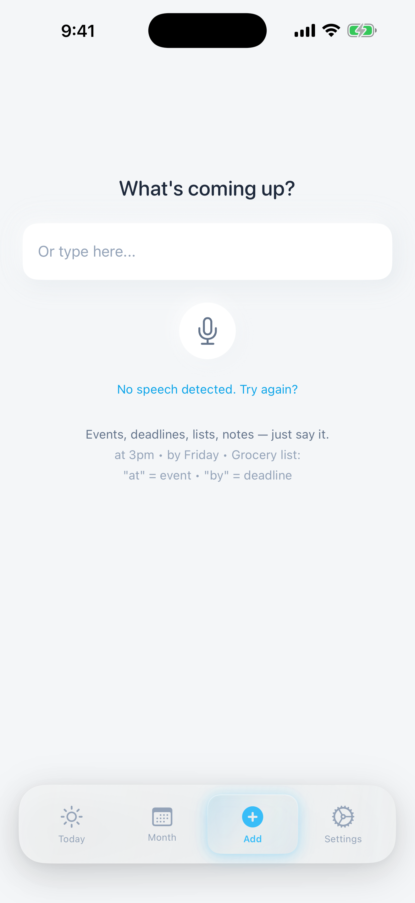 Composed voice input screen — just speak your plans naturally