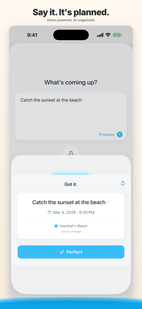 Composed voice-to-calendar screen — speak a plan, Composed transcribes and builds the event